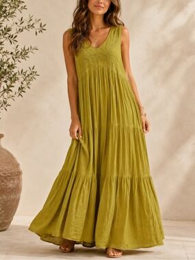 Talisman Bohemian Embroidered Cotton Maxi Dress Chartreuse size XL